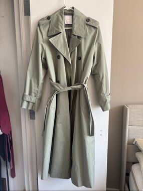 Mango Light Sage Double-Breasted Trench Coat